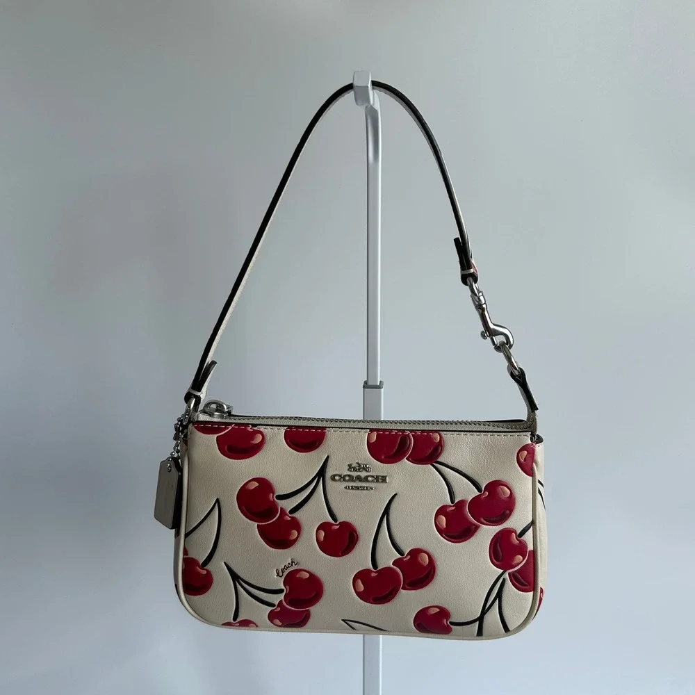 Coach Nolita 19 Cherry Print Chalk White Pebbled Leather Bag Excellent